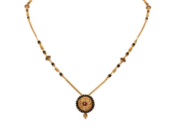 Leaf Design Round Pendant With Meena Gold Mangal Sutra