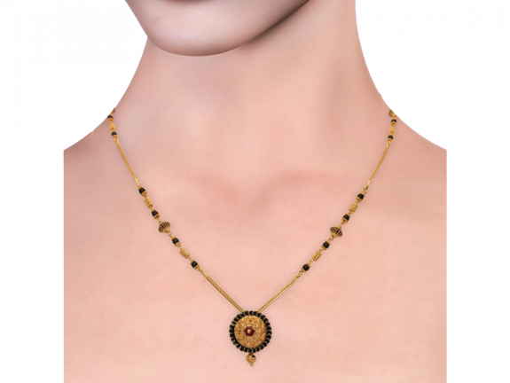 Leaf Design Round Pendant With Meena Gold Mangal Sutra