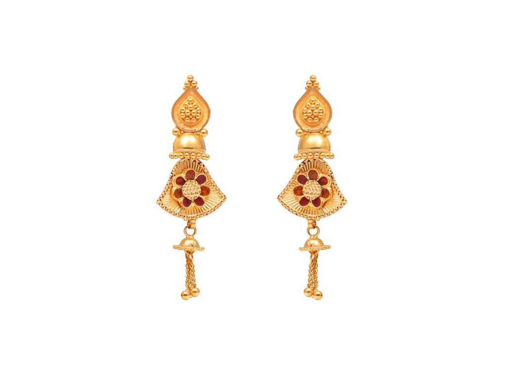 Gold Embossed Shel Design Drop Earrings | Mahendra Jewellers Kolhapur