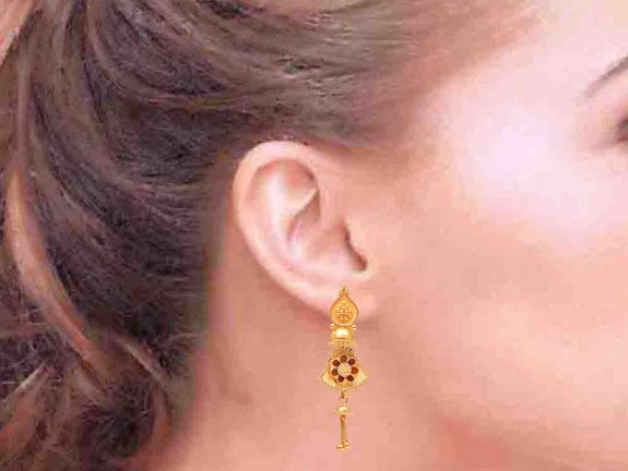 Gold Embossed Shel Design Drop Earrings