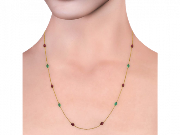 Cable Link Gold Chain With Ruby And Emerald