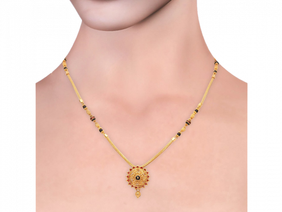 Round Floral And Leafy Design Black Beads Gold Mangal Sutra