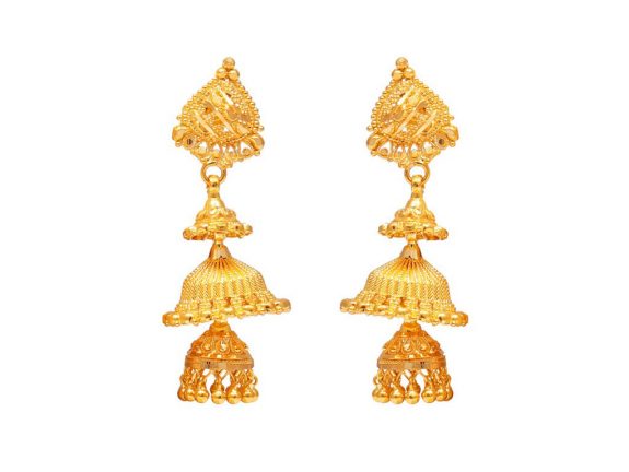 Gold Embossed Three Layer Drop Jhumka | Mahendra Jewellers Kolhapur