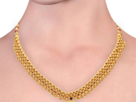 Gold Bead Design With Floral Pendant Thushi Necklace