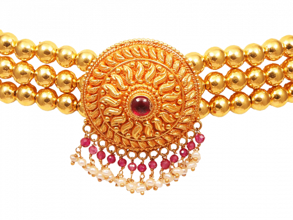 Gold Beads With Center Drop Colour Stone Floral Pendant thushi