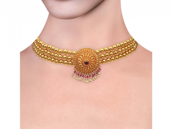 Gold Beads With Center Drop Colour Stone Floral Pendant thushi
