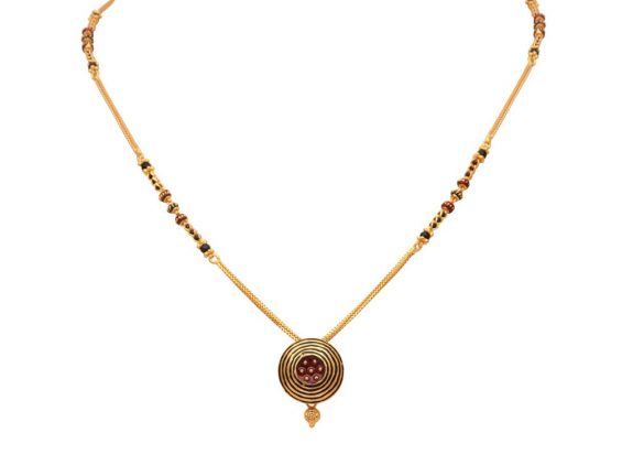 Circle Pendant With Meena And Black Beads Gold Mangal Sutra