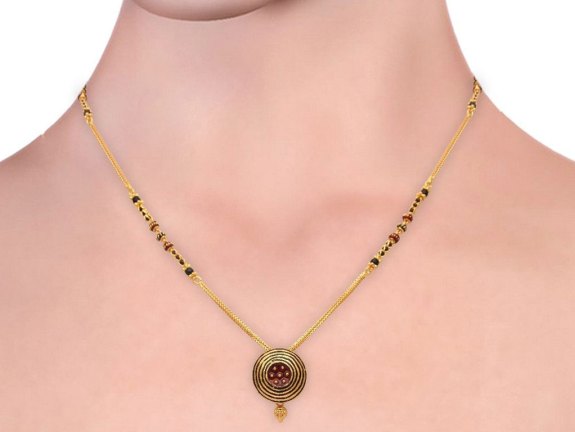 Circle Pendant With Meena And Black Beads Gold Mangal Sutra