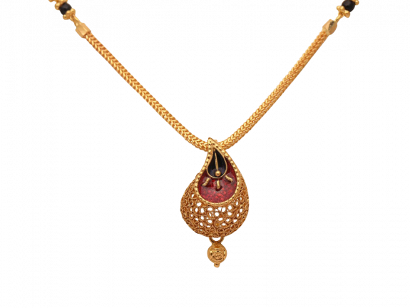 Drop Pendant With Meena And Black Beads Gold Mangal Sutra